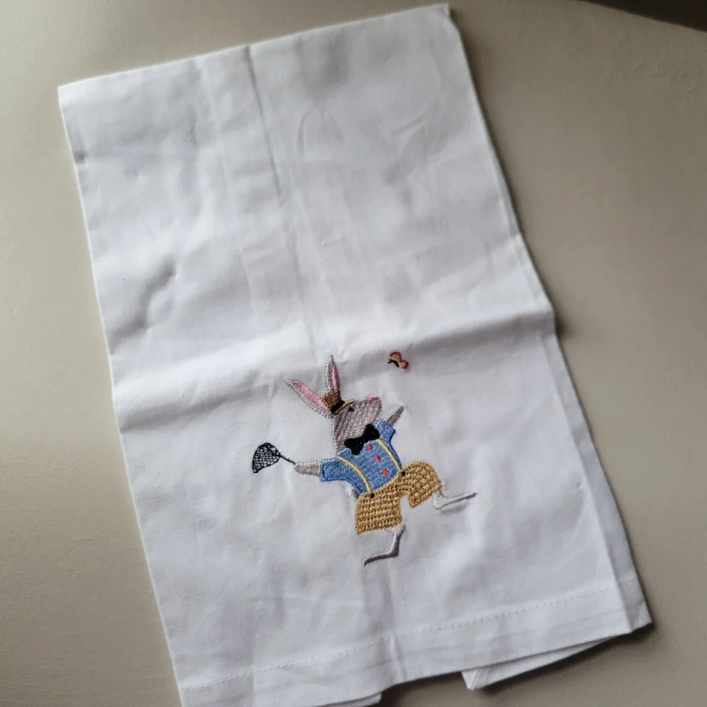 Embroidered Bunny Cotton Tea Towel Butterfly Easter Cute! FINAL PRICE!